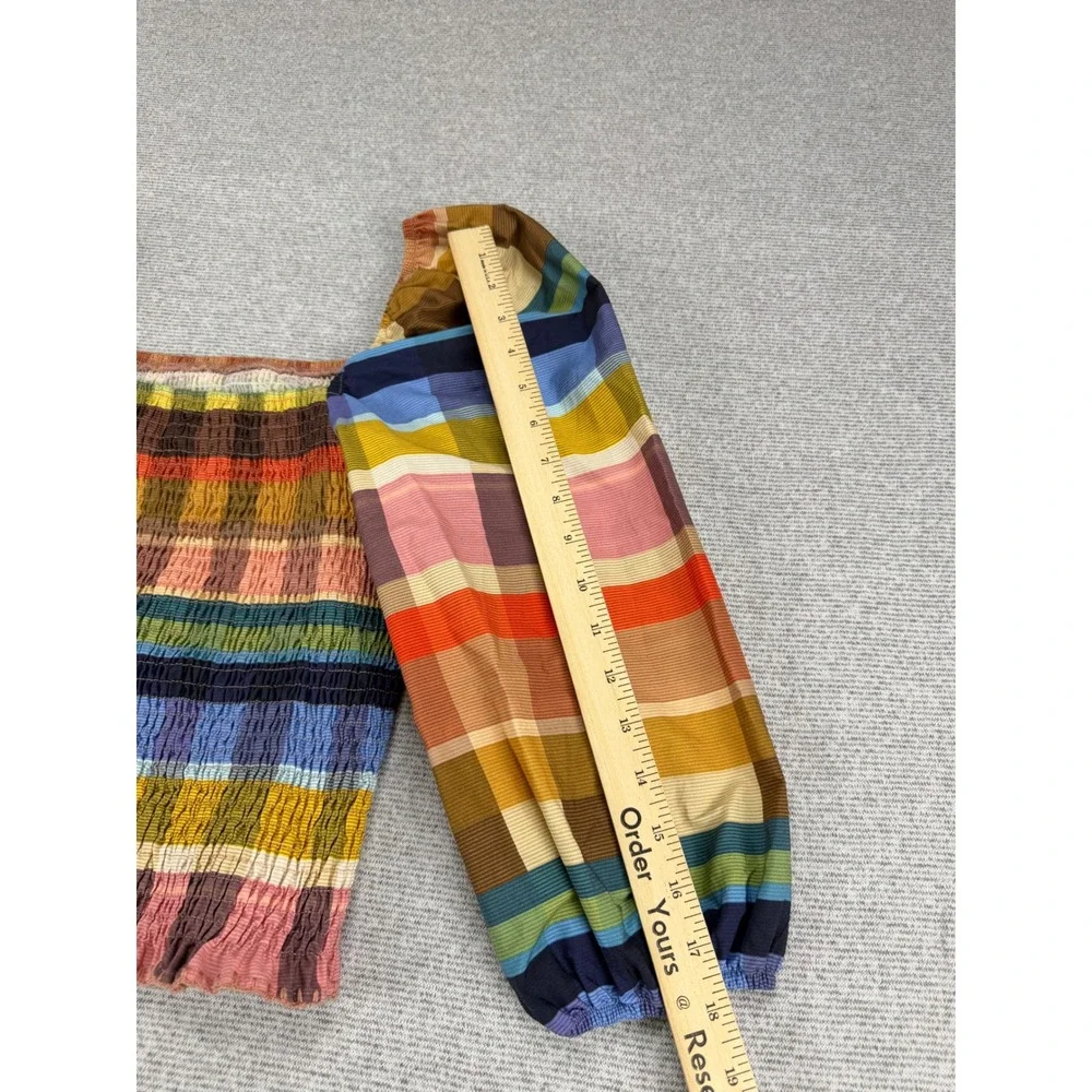 Farm Rio Rainbow Plaid Smocked Puff Sleeve Cotton Top Square Neck Multi Color